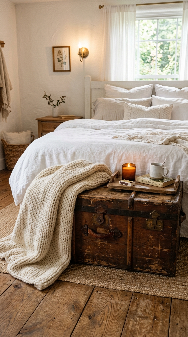Distressed vintage wooden trunk used as blanket storage at the foot of a white shabby chic bed with chunky knit throw draped over it