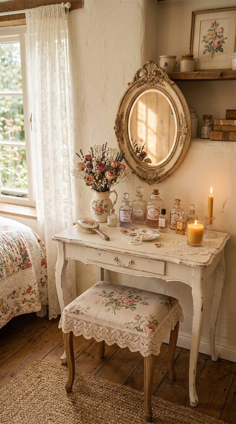 Small vintage vanity corner with white painted table, ornate mirror, and lace-trimmed stool in a farmhouse shabby chic bedroom