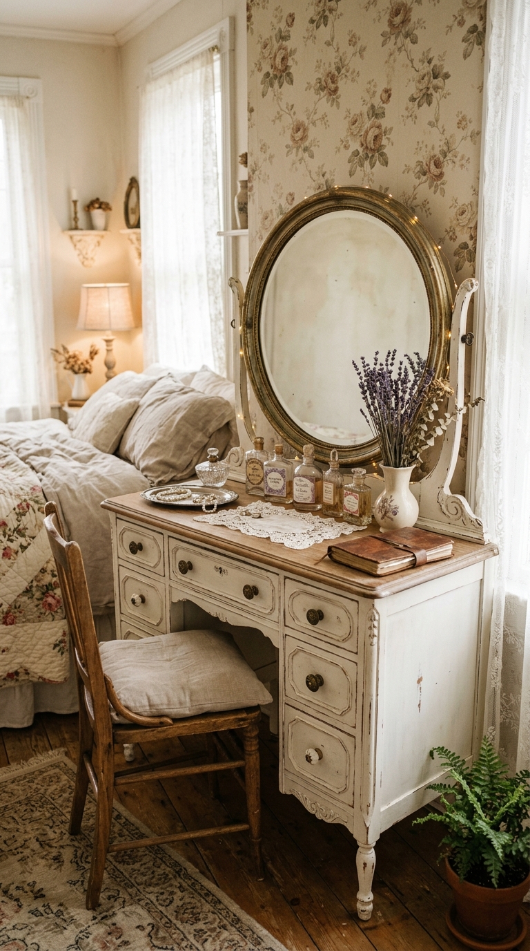 White painted ornate vintage vanity with multiple drawers used for jewelry and personal item storage in a romantic shabby chic bedroom