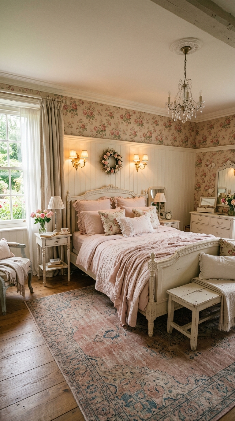 White wainscoting and floral wallpaper combination in a layered vintage shabby chic bedroom