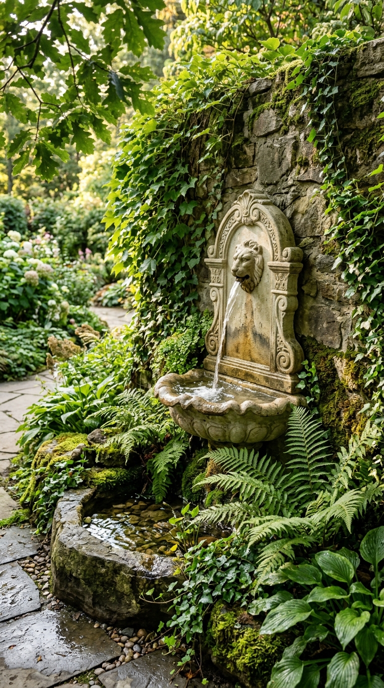 Cast stone wall-mounted water feature surrounded by ferns on a garden wall in a peaceful outdoor space