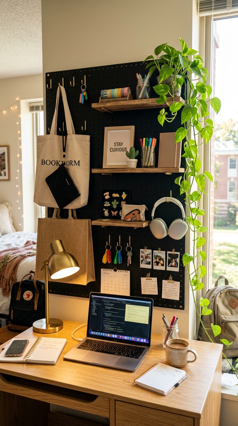 Black pegboard wall organizer in a college dorm room with gold hooks and shelves above a wooden desk
