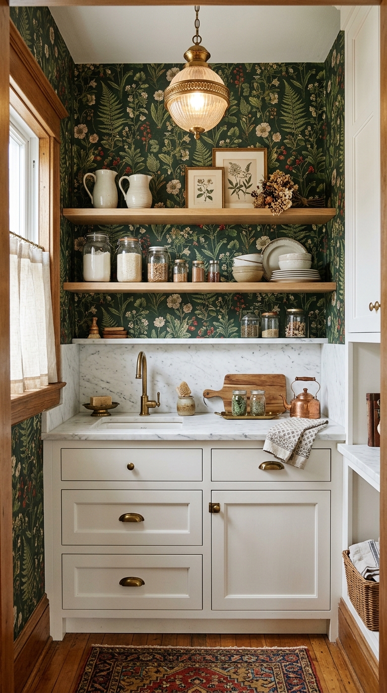 Butler's pantry with botanical wallpaper accent, white cabinets, and brass hardware for a luxurious look