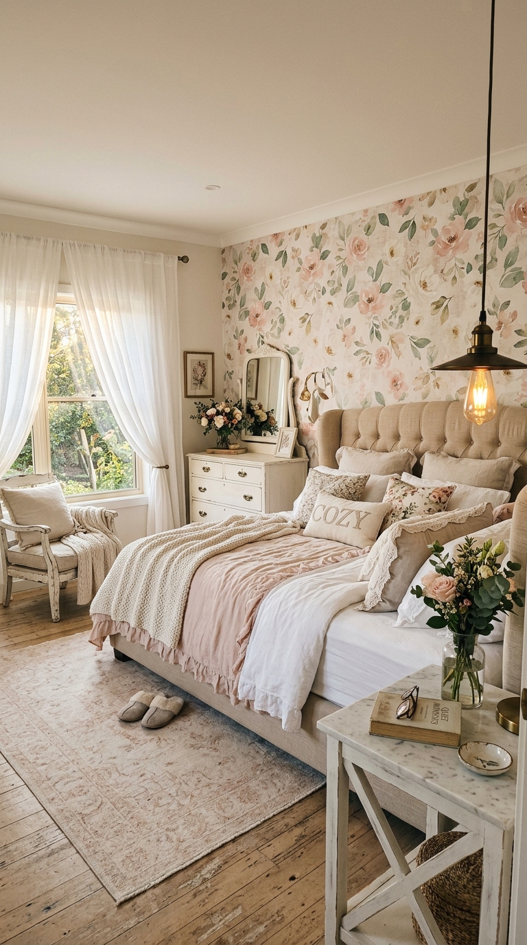 Soft watercolor floral wallpaper in a dreamy shabby chic master bedroom with linen headboard and Edison lighting