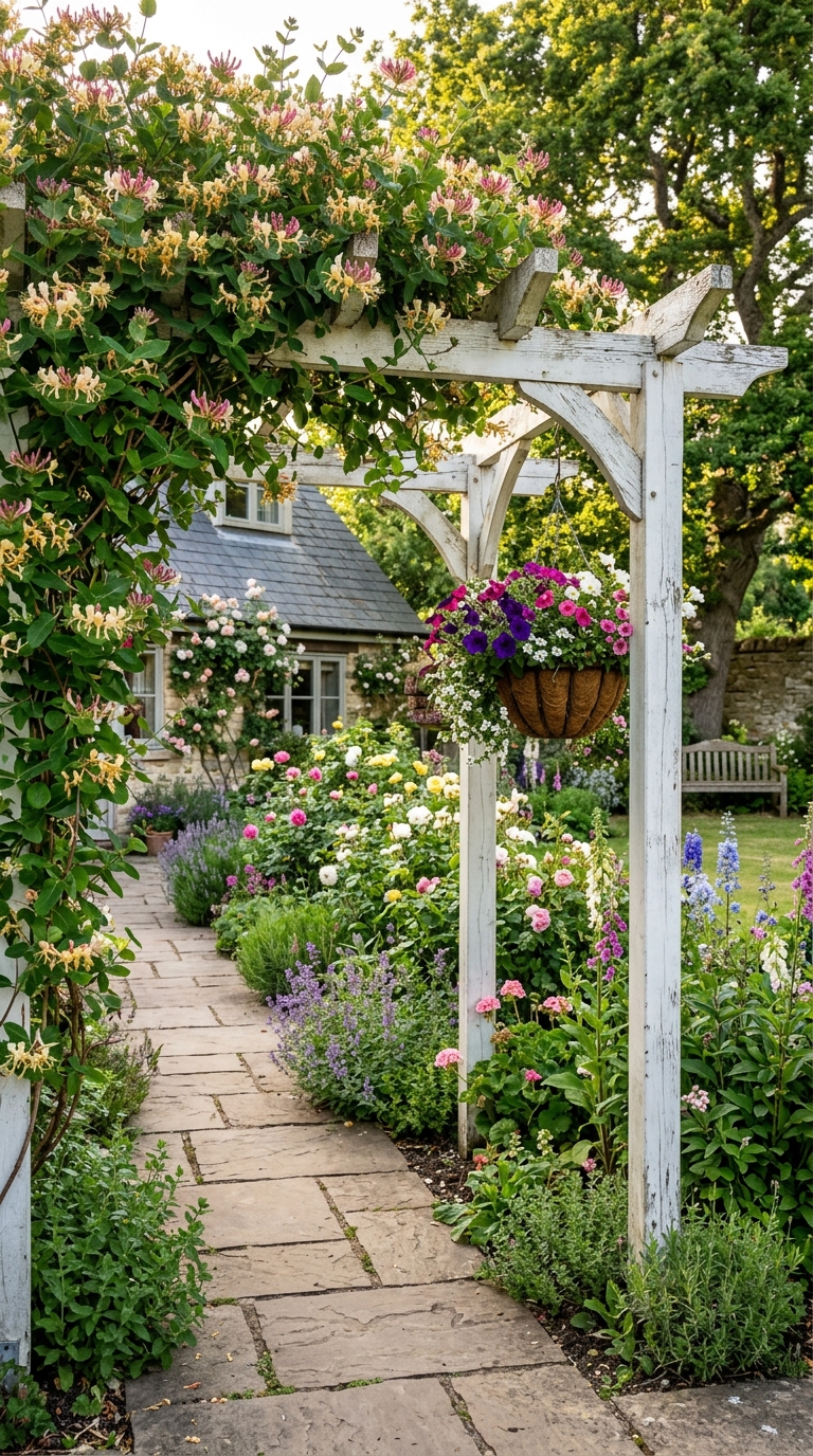 Weathered white cottage pergola with honeysuckle vines and hanging flower baskets