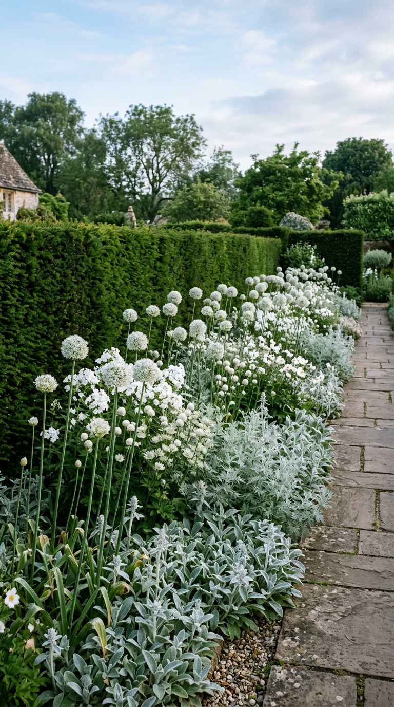 White allium garden border with silver foliage and elegant monochrome planting against dark green hedge