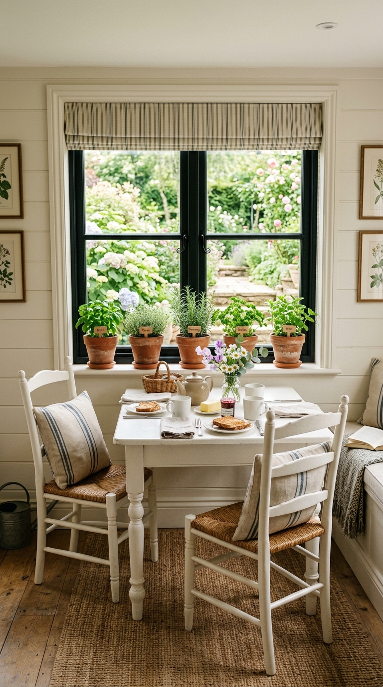 White cottage breakfast nook with black window frames and herb pots on the windowsill