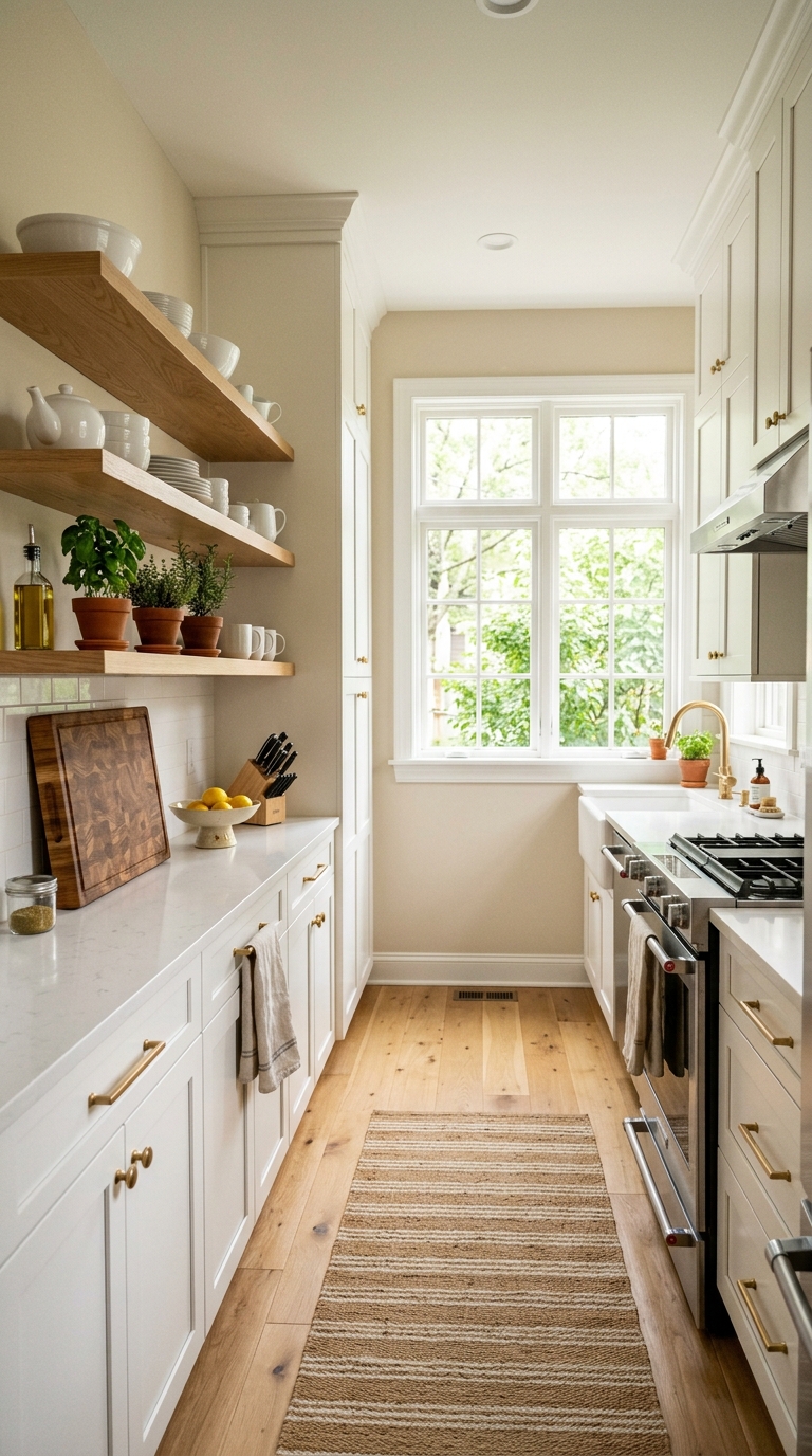 Bright white galley kitchen with warm wood open shelving, brass hardware, and styled ceramic display