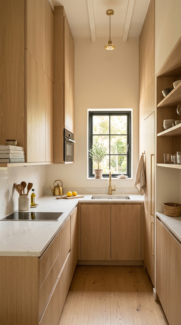 Light white oak kitchen cabinets in a small compact kitchen with white quartz countertop and minimal styling