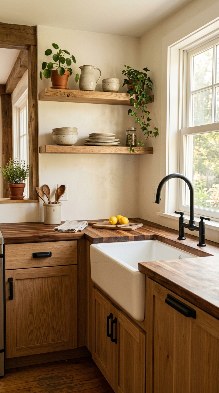 White oak farmhouse kitchen with shaker cabinets, butcher block countertop, open shelving, and matte black fixtures