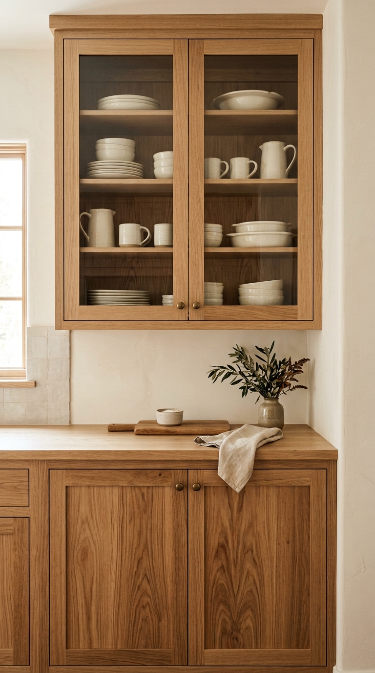 White oak kitchen cabinets with glass front doors displaying curated cream ceramics in a bright, warm kitchen