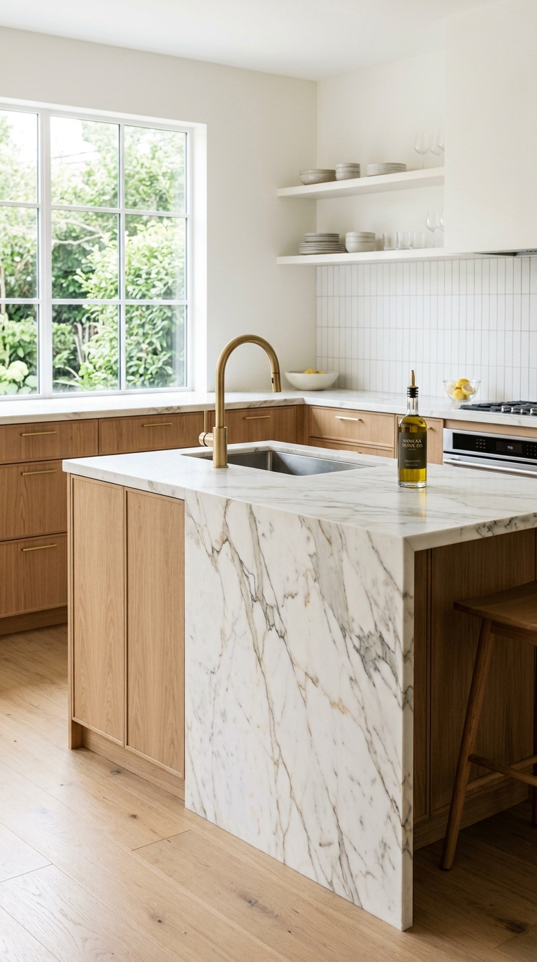 White oak kitchen cabinets paired with Calacatta marble waterfall island and brushed gold hardware in a luxury kitchen