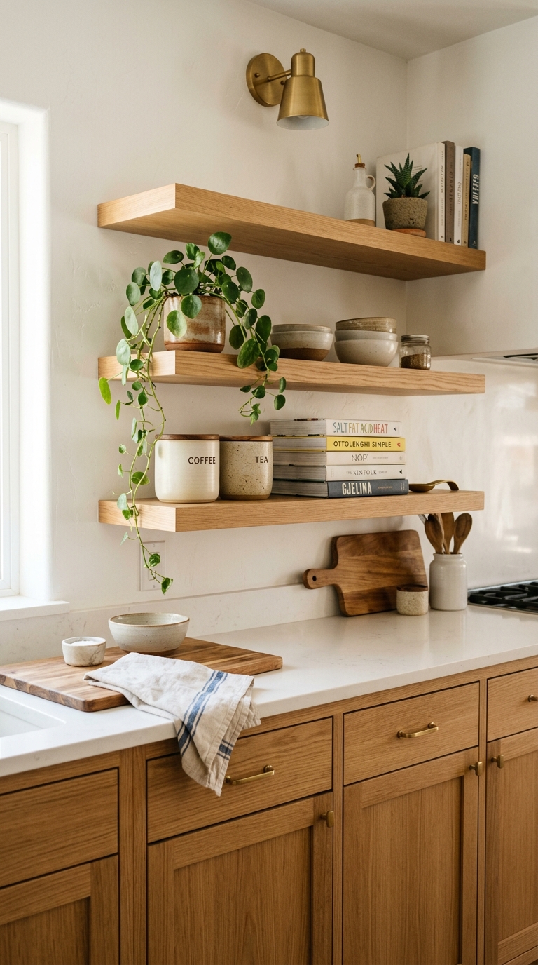 White oak kitchen cabinets with matching floating open shelves styled with plants and ceramics in a bright modern kitchen