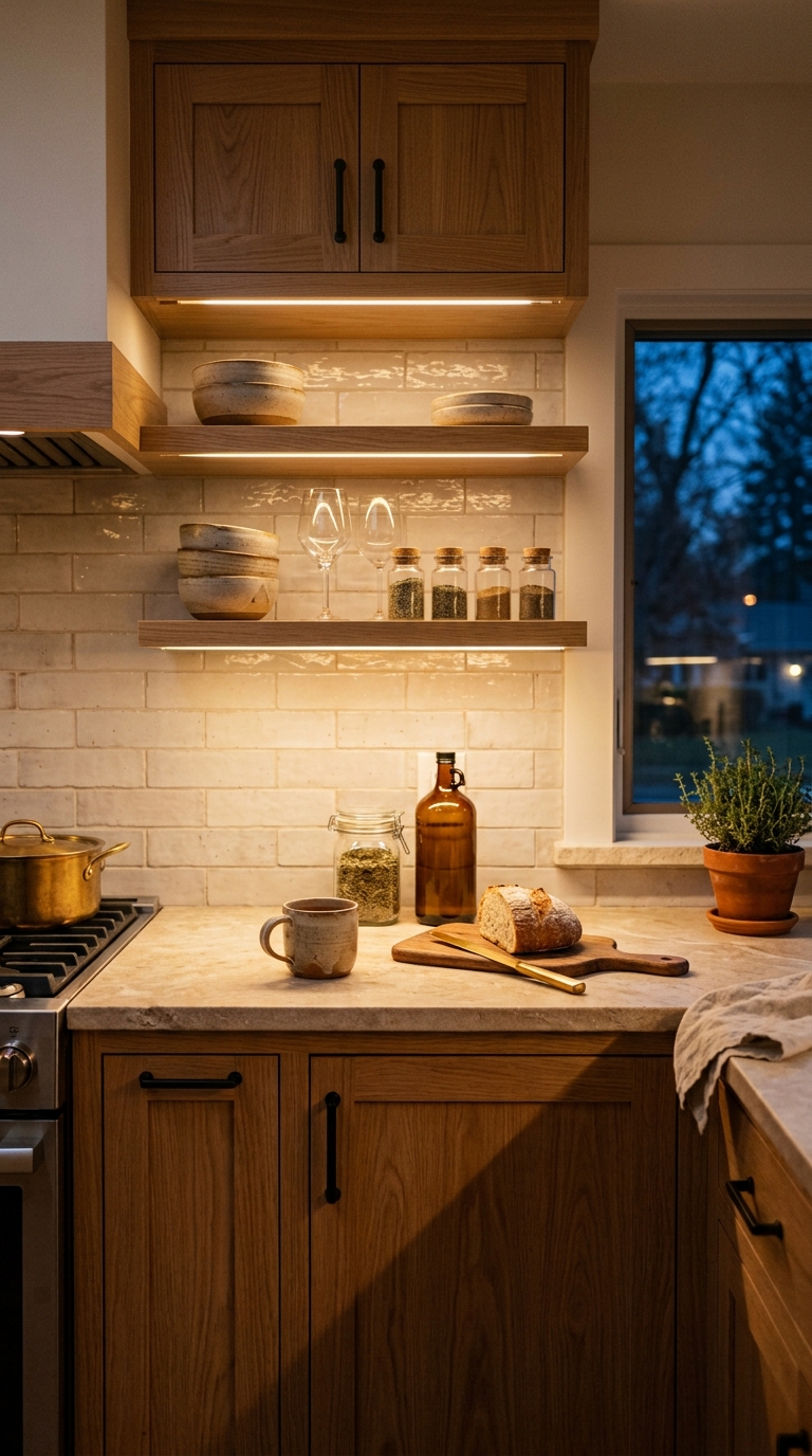 White oak kitchen cabinets with warm under-cabinet LED lighting casting a golden glow on stone countertop in a cozy kitchen