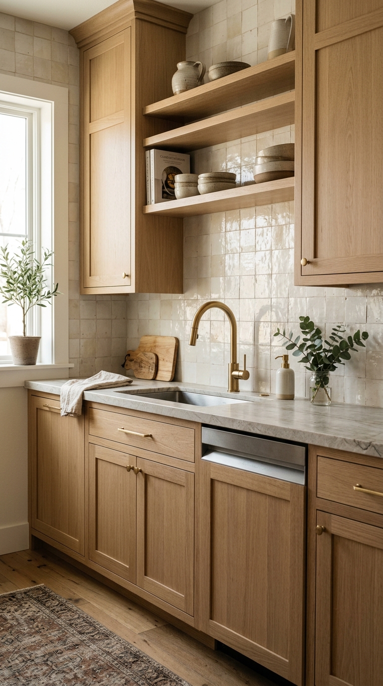 White oak kitchen cabinets with cream zellige tile backsplash and brass faucet in a warm artisanal kitchen