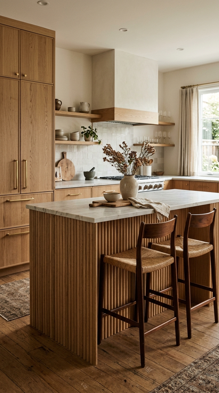 White oak kitchen cabinets with matching fluted oak island panel, stone countertop, and brass hardware in a modern kitchen