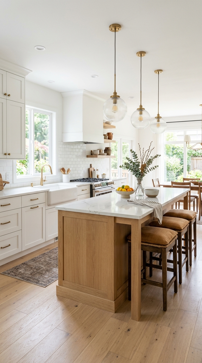 White kitchen with painted perimeter cabinets and a warm white oak kitchen island with quartz countertop and pendant lights