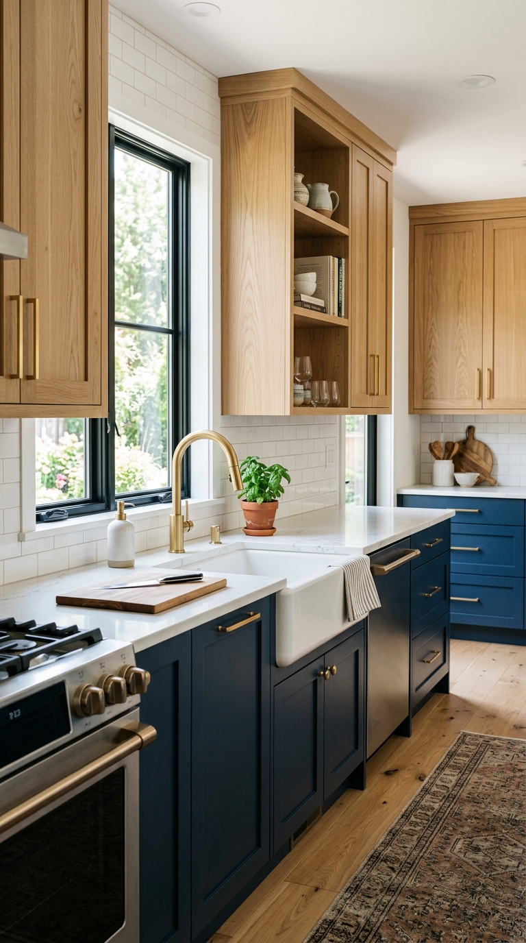 Two-tone kitchen with white oak upper cabinets and deep navy blue lower cabinets with brushed gold hardware
