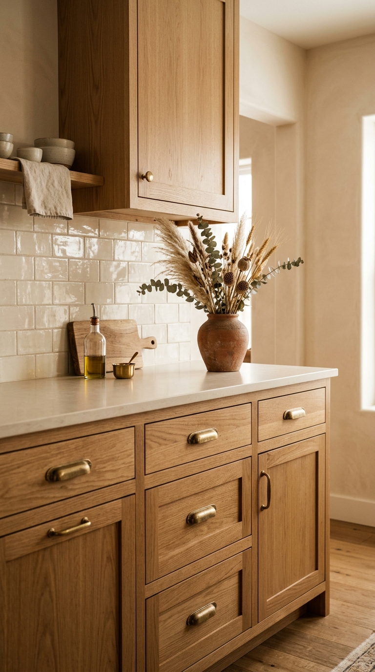 White oak shaker kitchen cabinets with brass hardware and cream subway tile backsplash in a warm transitional kitchen