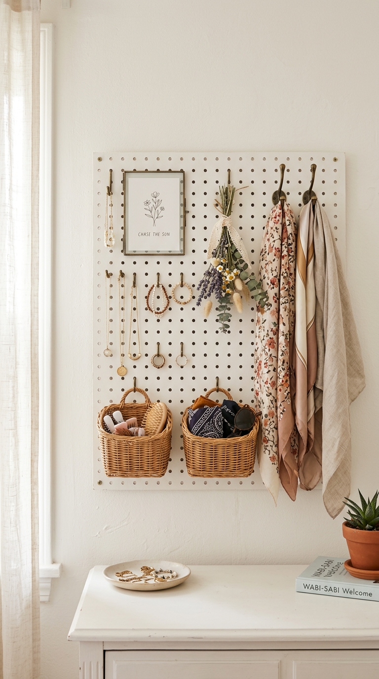 White painted pegboard with brass hooks and small wicker baskets used for jewelry and accessory storage in a shabby chic bedroom