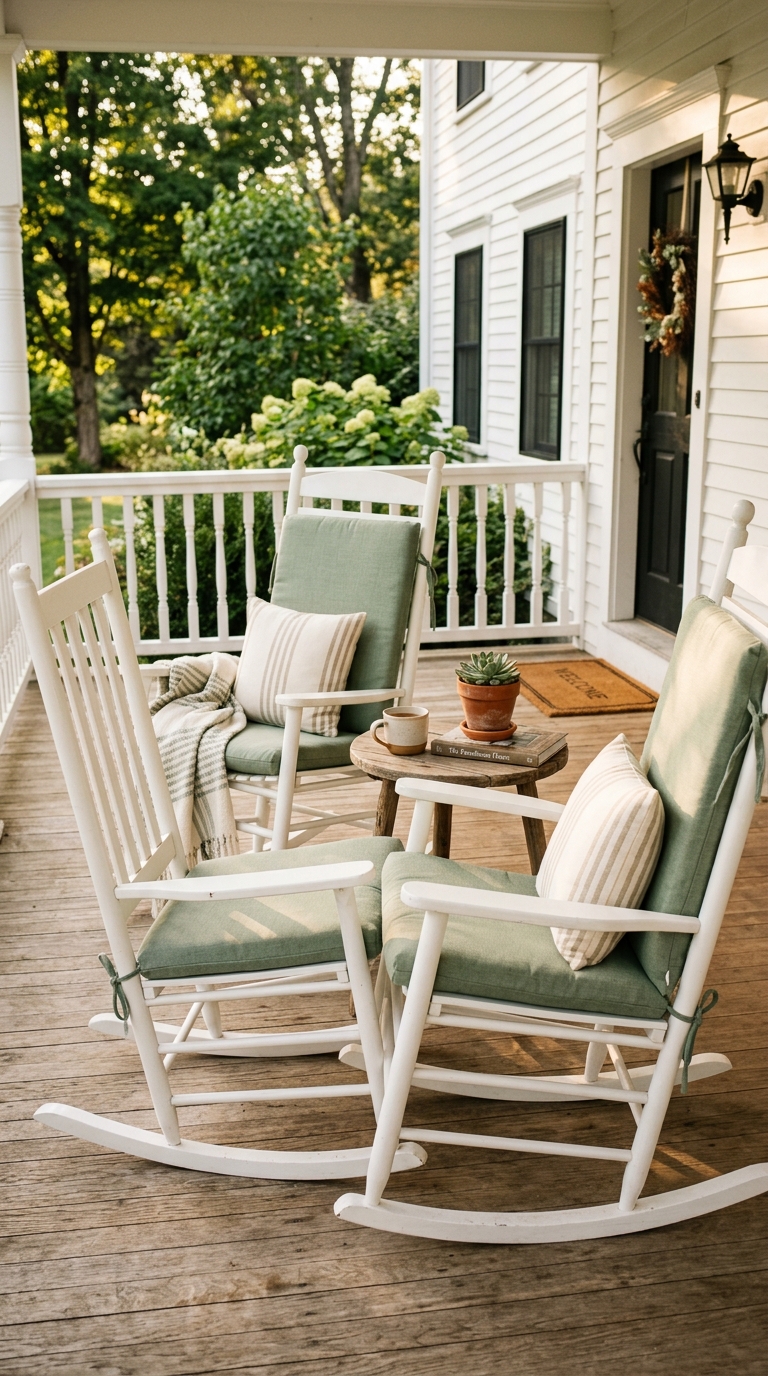 White rocking chairs with sage green cushions styled on a farmhouse front porch with natural wood flooring