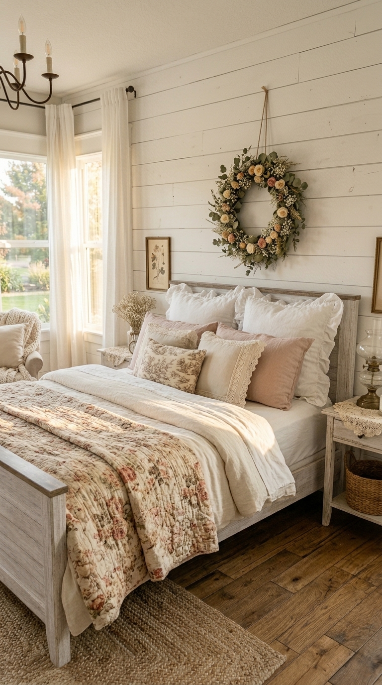 White shiplap accent wall behind a farmhouse bed with vintage floral wreath and soft linen bedding in a shabby chic bedroom