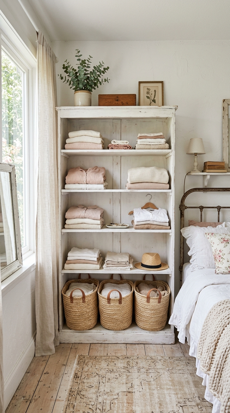 Whitewashed open bookcase repurposed as clothing storage in a bright shabby chic bedroom with neatly folded clothing and wicker baskets