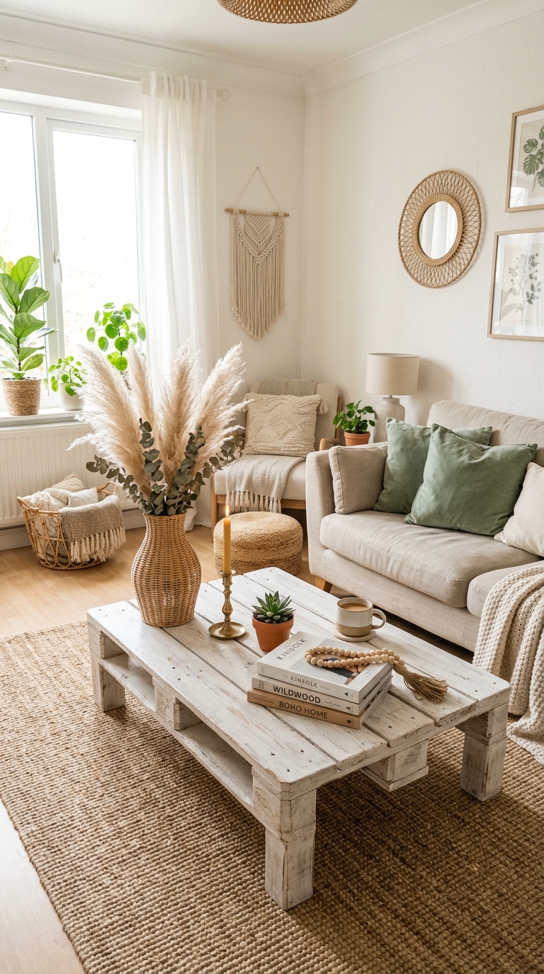 Whitewashed DIY pallet coffee table styled with coastal boho decor including pampas grass, jute rug, and sage green cushions
