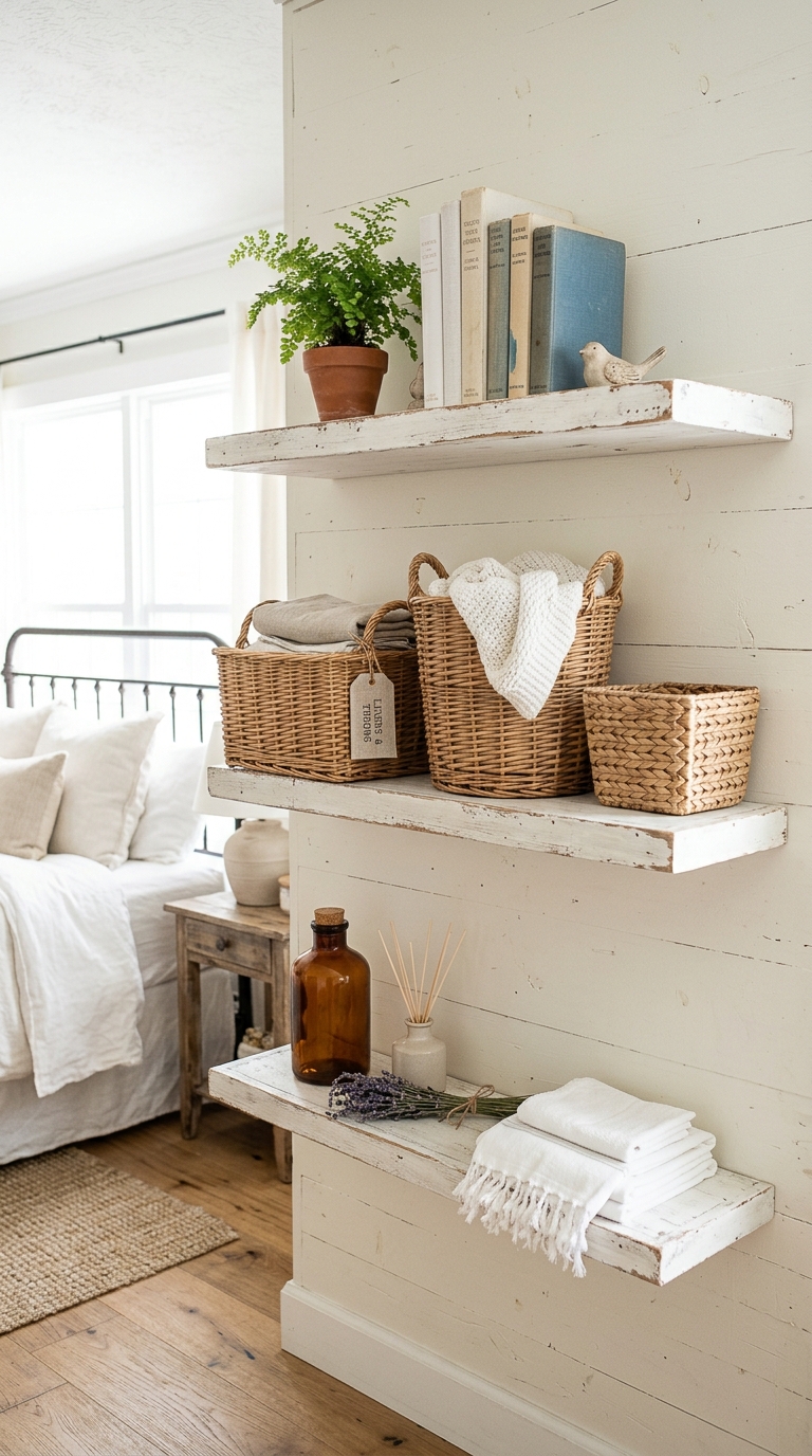 Wicker baskets in various sizes on white floating shelves used for storage in a bright shabby chic bedroom with soft natural light
