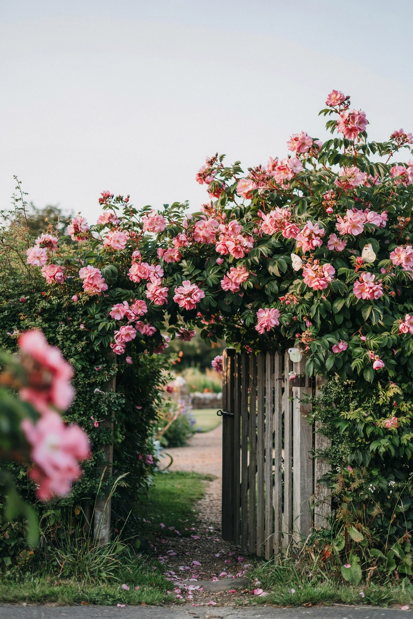 Rosa rugosa wild rose hedgerow as cottage garden boundary — low-maintenance rose garden idea