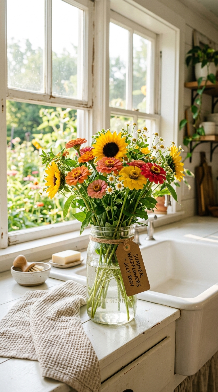 Wildflower arrangement in a wide-mouth mason jar beside a farmhouse kitchen sink in summer