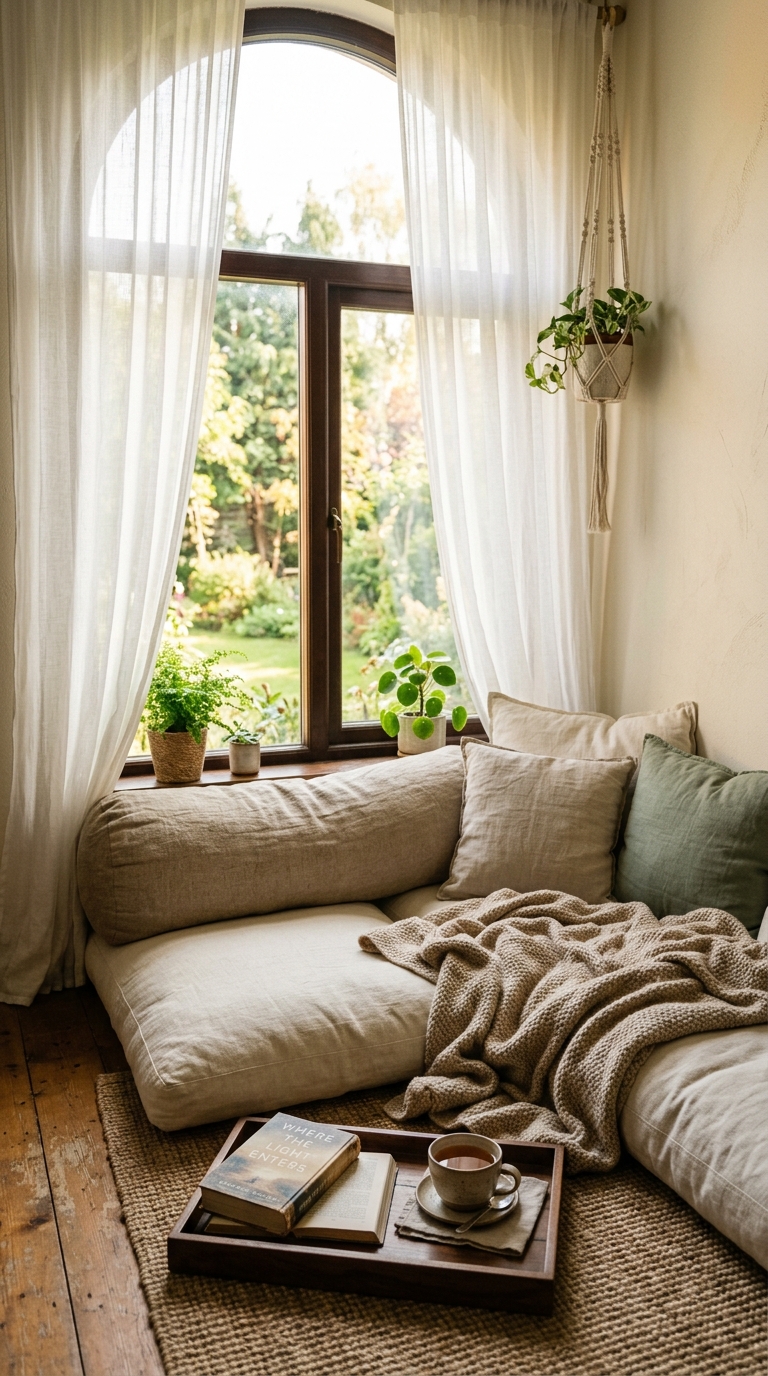 Cozy floor cushion nook beside a large window with soft morning light, sheer curtains, and a tea tray