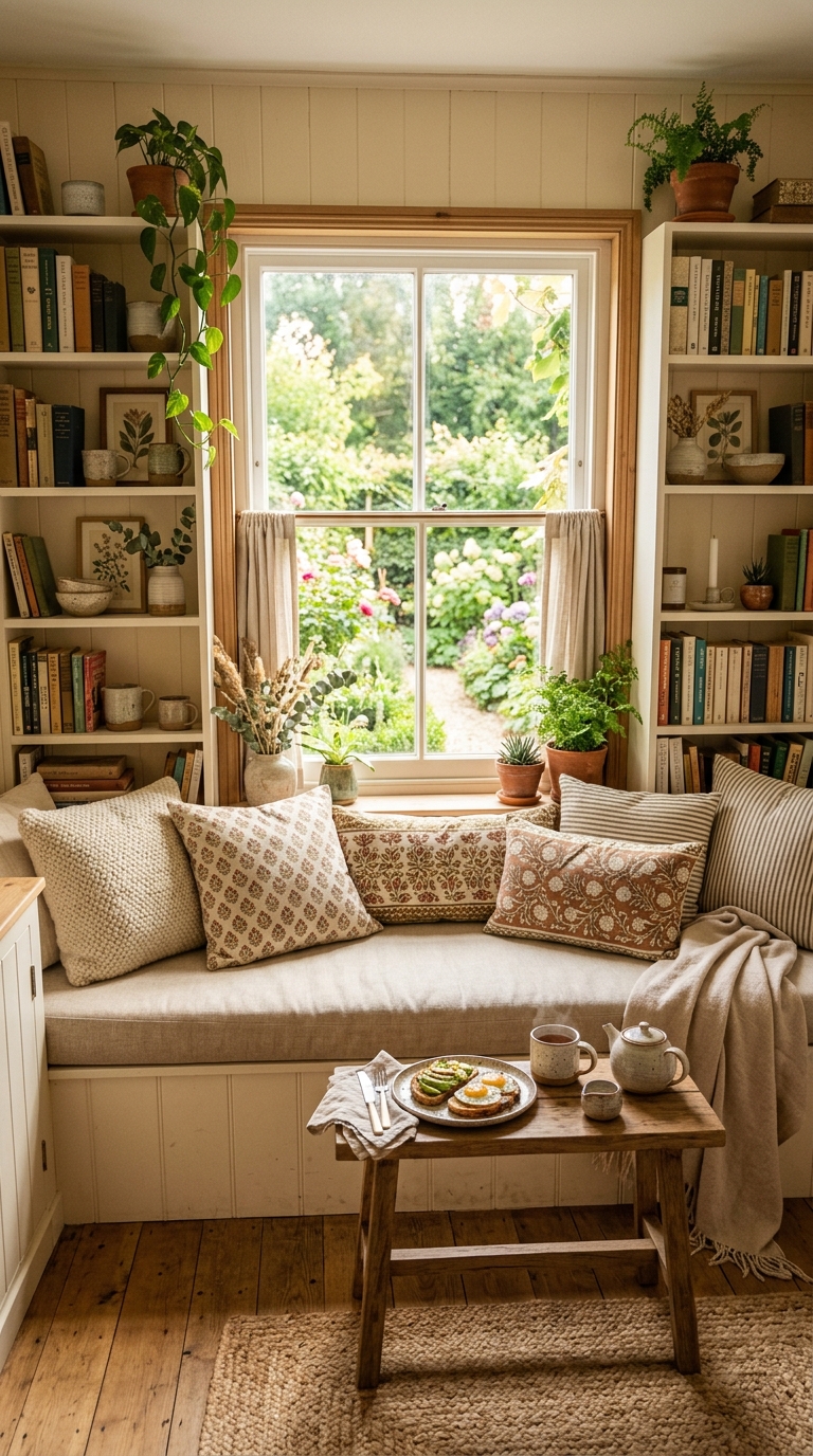 Cottage window seat breakfast nook with built-in bookshelves and thick cushioned bench seat