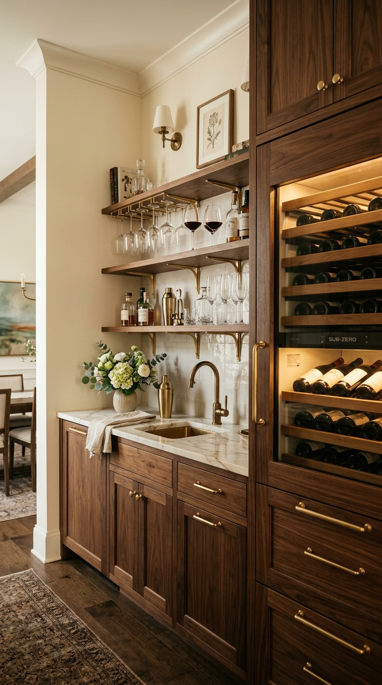 Wine and beverage station butler's pantry with built-in wine cooler, stemware shelves, and marble countertop