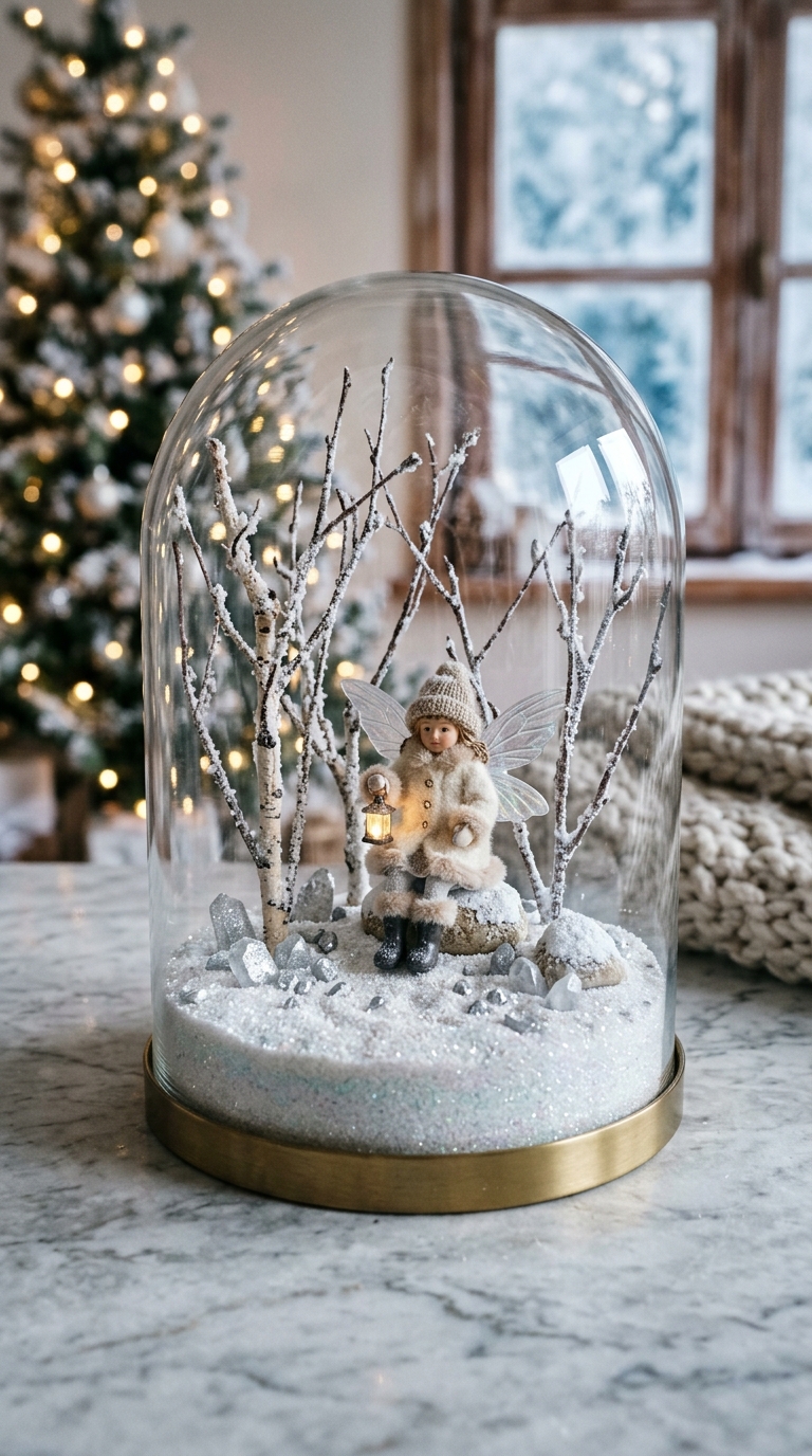 Winter fairy garden terrarium with white sand, bare branches, and snow globe aesthetic