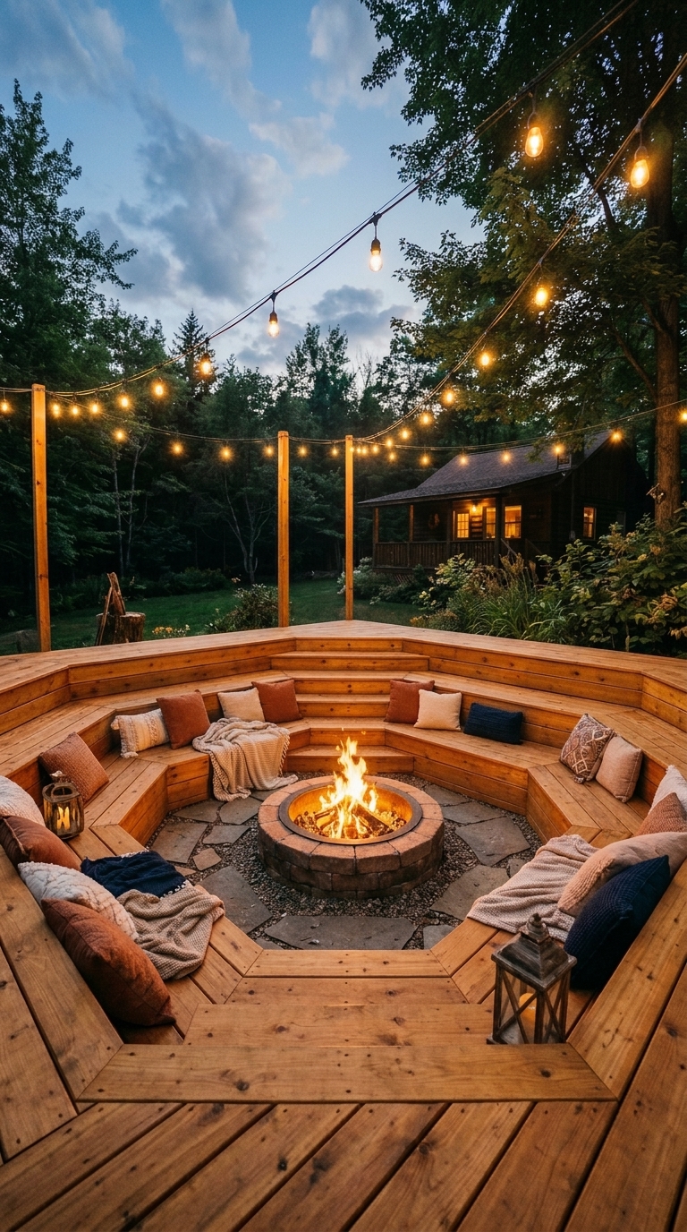 Sunken fire pit idea with wraparound wooden deck seating area