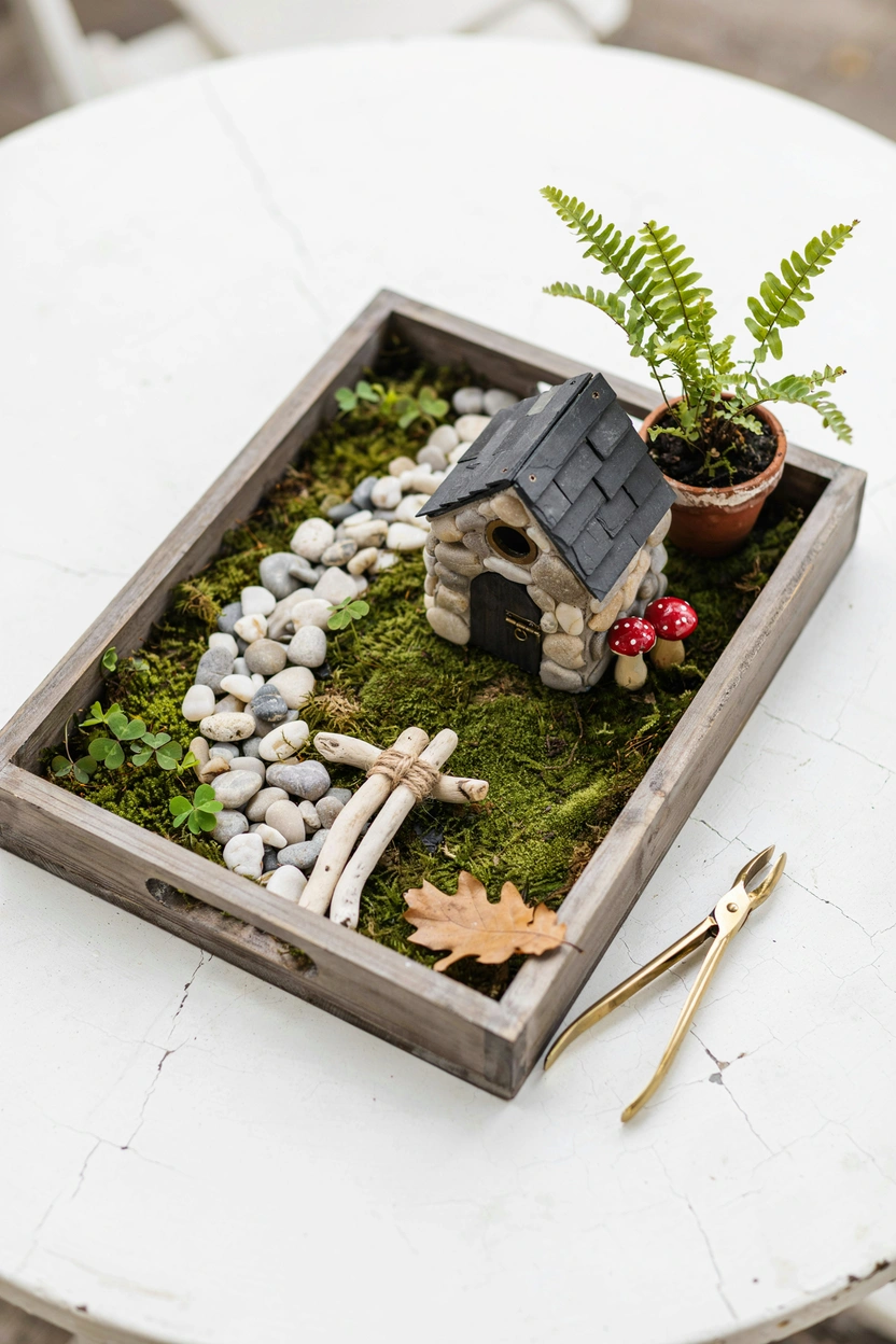 Raised wooden tray fairy garden with stone house and tiny bridge as a porch table centerpiece