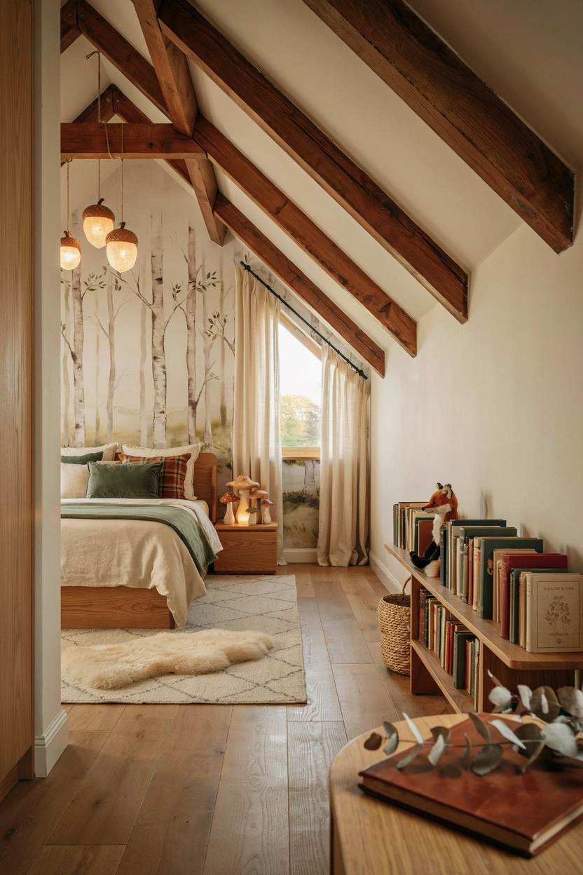 Woodland-themed attic kids bedroom with birch tree mural, green bedding, and animal cushions