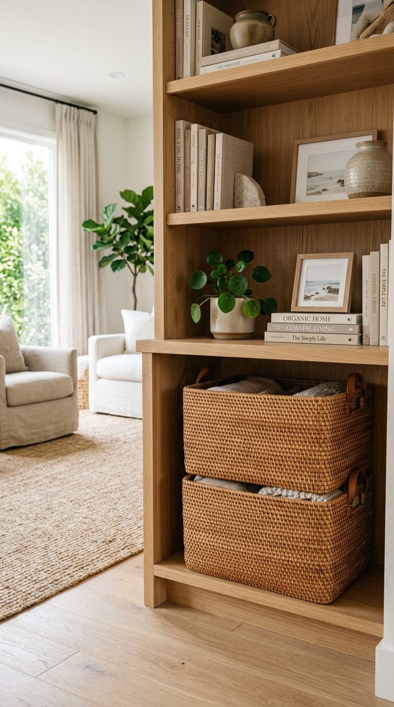 Living room bookcase shelf with stacked woven rattan baskets for beautiful hidden storage, warm natural light and organic textures
