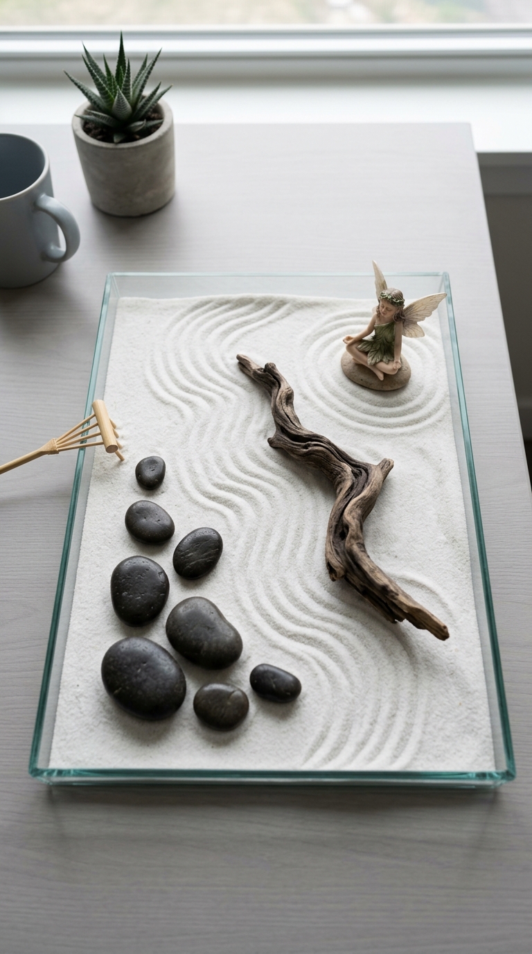 Zen fairy garden terrarium with raked sand, driftwood, and meditating fairy figurine