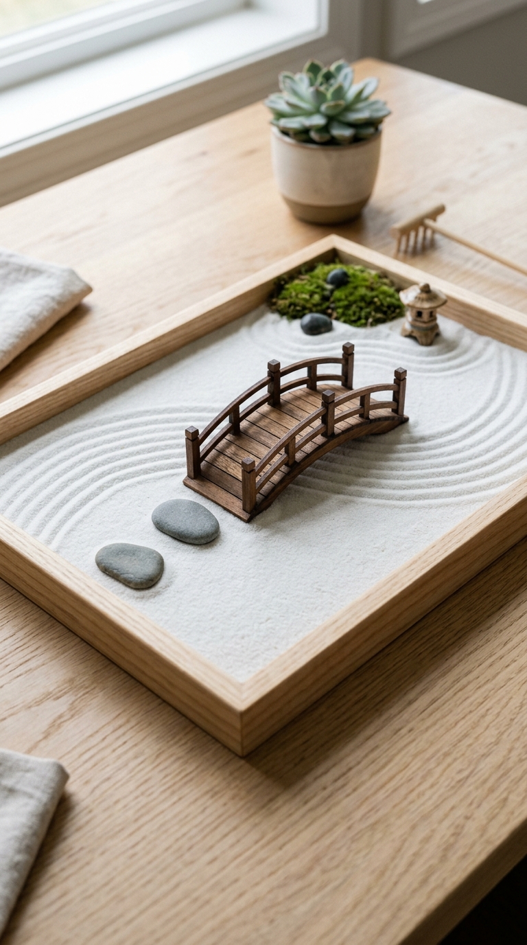 Mini zen garden with wooden bridge over sand for a peaceful desk decor idea