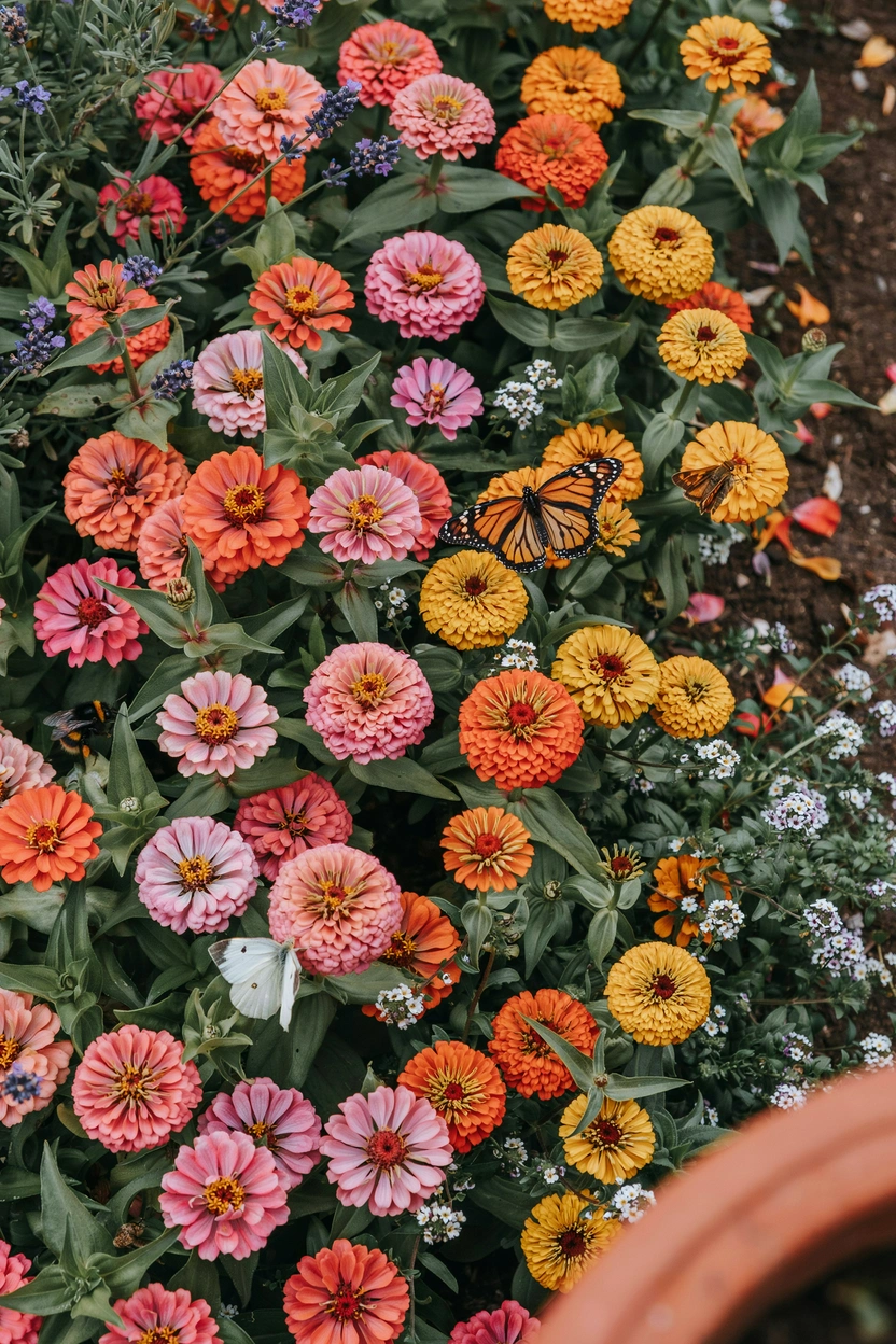 Colorful zinnias in pink coral and orange attracting monarch butterflies in a summer pollinator garden