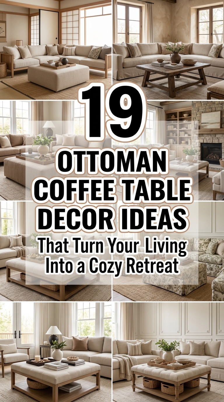 Beautiful neutral living room featuring stylish ottoman coffee table decor ideas with trays, candles, books, greenery, and cozy accents.