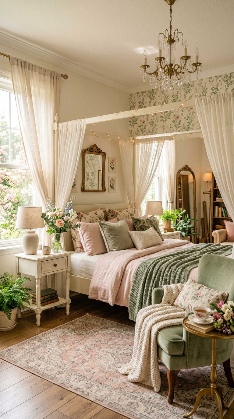Elegant whimsical bedroom ideas featuring a dreamy fairytale-inspired canopy bed with sophisticated adult décor.