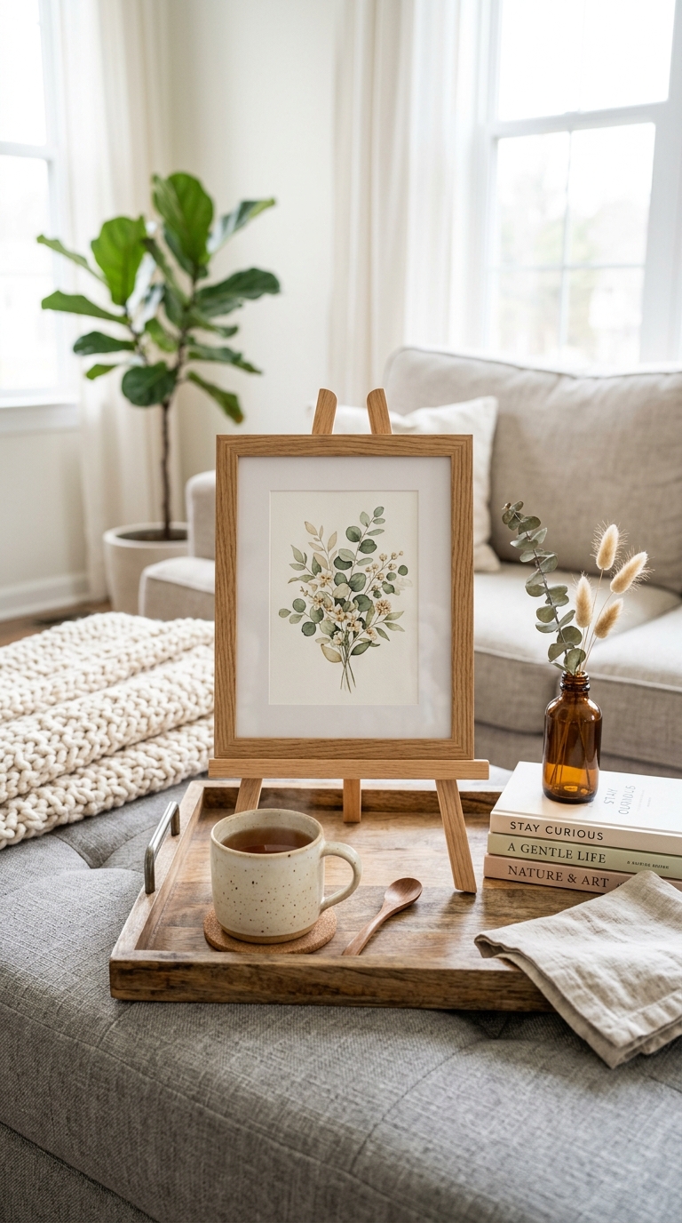 Small framed art print styled on an ottoman coffee table with a mini easel