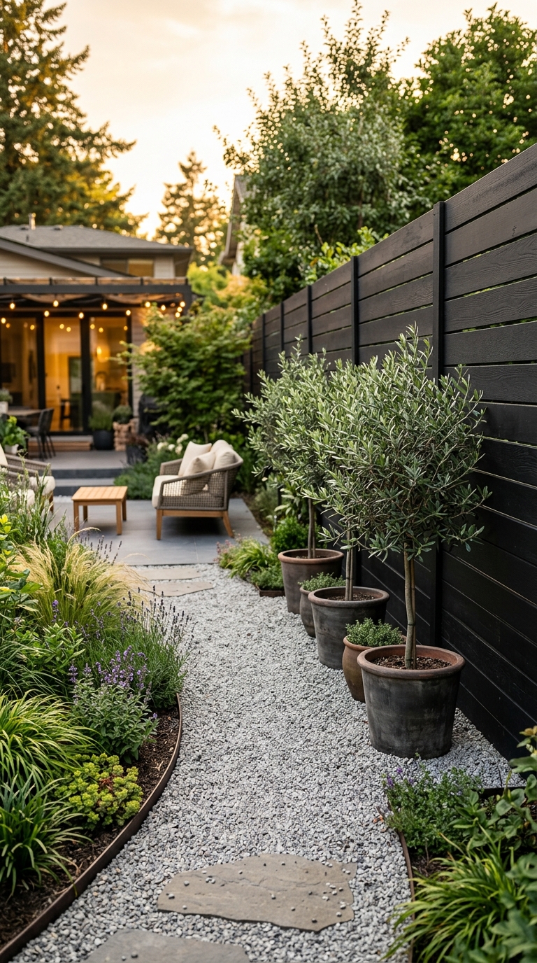 Matte black horizontal slat fence in a modern backyard with gravel path and potted plants