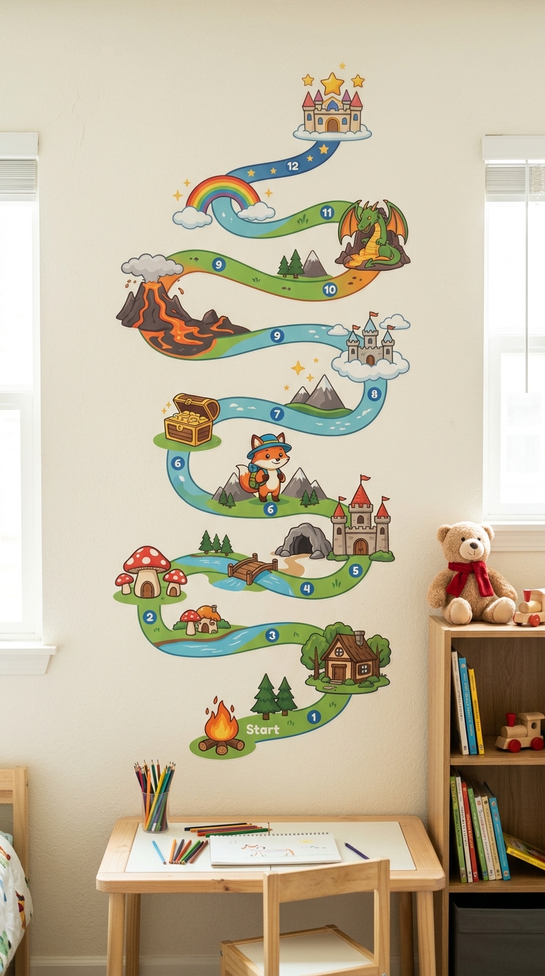 Mario level map wall decal used as a kids' chore and reading tracker
