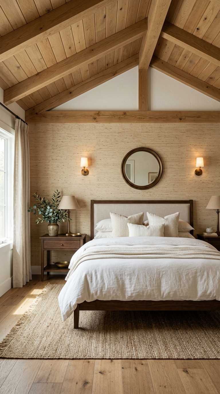 Natural grasscloth wallpaper accent wall paired with a wood vaulted ceiling bedroom