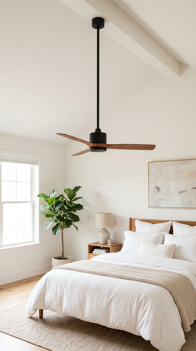 Matte black ceiling fan on a long downrod in a vaulted bedroom