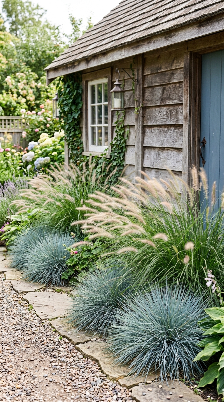 Low-maintenance ornamental grasses planted along a garden shed base